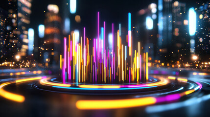 Fototapete - Vibrant digital interface displaying colorful competition metrics with glowing bars and lights, set against futuristic city backdrop, evokes sense of excitement and innovation