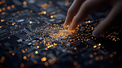Fototapete - Close up view of hand gently touching glowing circuit board, showcasing intricate patterns and vibrant lights. This evokes sense of connection between technology and human interaction