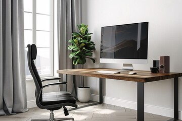 Poster - Modern home office interior with a computer on a wooden desk by a window with curtains