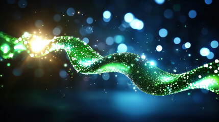 Fototapete - Vibrant green wave of sparkling particles flows through blurred background of blue and light, creating mesmerizing visual effect that evokes sense of wonder and energy