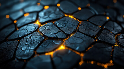 Poster - Close up view of textured surface featuring cracked patterns illuminated by glowing elements, creating striking contrast between dark and bright areas. intricate details evoke sense of depth