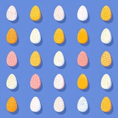 Poster - Symmetrical Flat Pattern Featuring Small Multicolored Egg Icons Against a Blue Background in a Repeat Design Generative AI