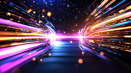 Fototapete - Vibrant and dynamic abstract image showcasing colorful light trails converging towards central point, creating sense of speed and energy. background features starry night sky, enhancing futuristic