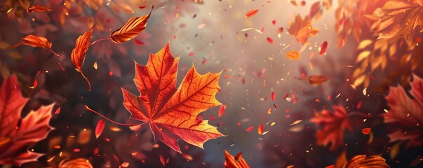 Poster - Single red maple leaf is falling from a tree in autumn, surrounded by other leaves and a blurred background