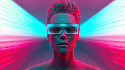 Fototapete - Futuristic portrait featuring person with layered shag cut, wearing stylish glasses, surrounded by vibrant neon colors and dynamic light effects, creating captivating atmosphere