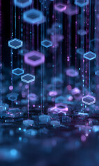Poster - illuminated geometric shapes cascading down a dark abstract background conveying digital data stream