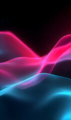 Poster - Subtle luminous waves cascade with pink and blue gradients in a dark enigmatic abstract space