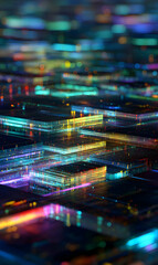 Poster - Radiant blocks illuminate a futuristic cityscape with mesmerizing glowing layers and vibrant colors creating a captivating visual experience