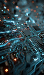 Poster - intricate pathways of circuitry connect components in a futuristic technology landscape creating dyn