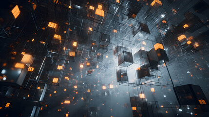 Poster - Geometric Illumination A Dazzling Matrix of Suspended Glowing Cubes Creating an Abstract Dimension