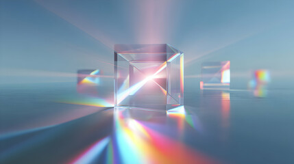 Poster - Illuminated crystal cube emitting colorful reflections and refractions on a polished reflective surface