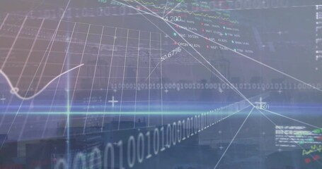 Poster - Abstract digital data visualization showing curved graphs, binary code, stock tickers, grid planes
