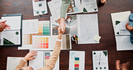 Poster - creative, applause and shaking hands with partnership in office for renovation offer, deal and contr