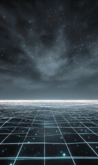 Poster - Celestial grid horizon under a starry expansive sky offering a futuristic digital landscape perspective
