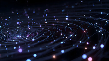 Poster - Abstract digital space with a luminous spiraling network and glowing particles creating ethereal motion