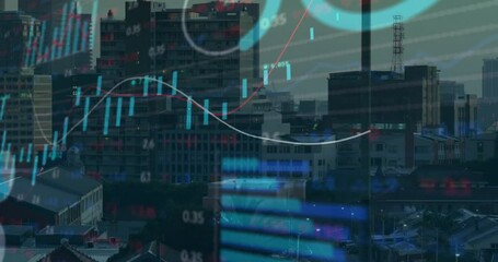 Poster - City skyline showing financial charts floating over buildings at dusk with animated tickers