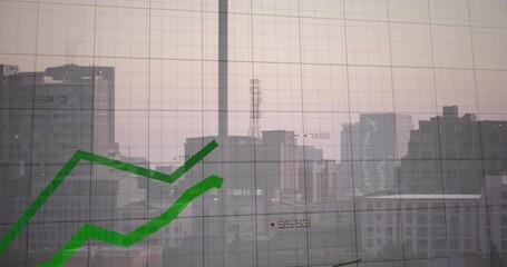 Poster - Financial chart animating skyline at dusk, featuring two green trend lines with numeric markers