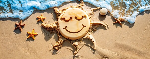 Wall Mural - Smiling sun is drawn in the sand on a sunny beach, representing the joy and relaxation of a summer vacation