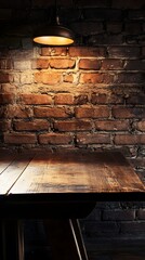 Poster - Warm and atmospheric image of a rustic brick wall with a vintage hanging lamp and a wooden floor creating a cozy and inviting ambiance