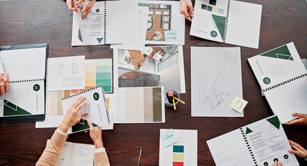 Aufkleber - Meeting, above and documents with hands of business people for interior designer, moodboard layout and teamwork. Color swatch panel, brainstorming and creative project with employees for blueprint