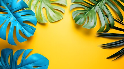 Poster - creative fluorescent color layout made of tropical leaves with a flat lay design and contemporary ci
