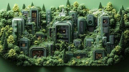Poster - Futuristic city overgrown by lush greenery.