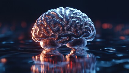 Poster - 3D render of a brain with intricate details, centered on a reflective surface with soft lighting