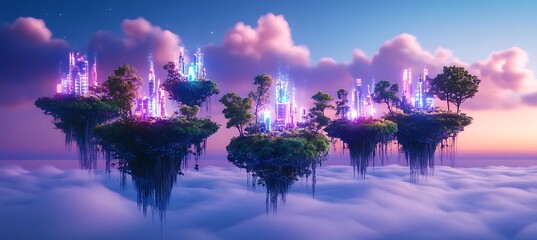 Poster - A neon-lit sky where floating holographic islands hover above a cyber city