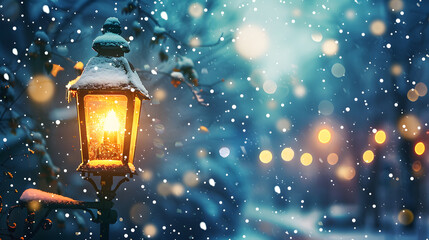 Poster - Enchanted winter evening with a glowing lantern