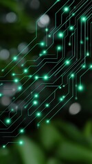 Poster - Futuristic circuit board design against a soft blurred green background for digital technology and innovation, communication