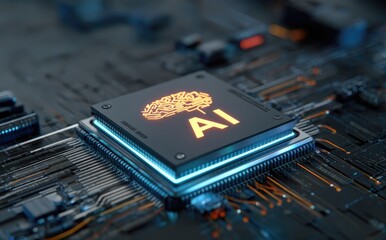 Poster - Glowing AI chip on a futuristic motherboard with orange and blue elements, suitable for showcasing smart technology, artificial intelligence, and circuit design