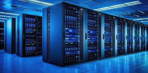 Aufkleber - Blue-lit server room with densely packed data racks, glowing panels, and strong perspective, perfect for IT solutions, tech services, and digital infrastructure use