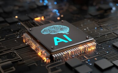Poster - 3D rendered AI chip with blue glowing circuitry embedded in a complex motherboard, ideal for tech innovation, computing power, and artificial intelligence topics