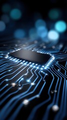 Poster - Microchip on Circuit Board Showing Data Flow with Bokeh Background