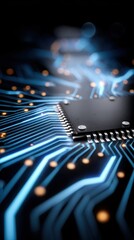 Poster - Microchip with Glowing Blue Circuit Paths Depicting Technology and Connectivity