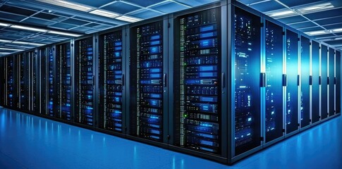Aufkleber - High tech server room interior with blue LED lights and data processing racks, perfect for IT, hosting, and enterprise cloud service visuals