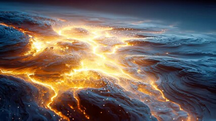 Poster - Vivid abstract flow of molten light and glowing currents across textured terrain, resembling a lava river on a planetary surface