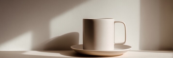 Fototapete - Modern Mug on a Saucer Softly Illuminated in Warm Light, Creating a Serene and Minimalist Ambiance in a Quiet Room Generative AI