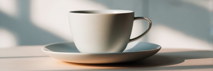 Leinwandbilder - Modern White Mug With Saucer on a Wooden Table Illuminated by Soft Lighting in a Cozy Indoor Space Generative AI