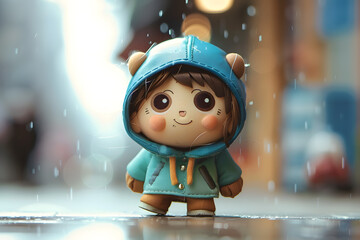 Aufkleber - Adorable toy wearing a blue raincoat stands outside in the rain