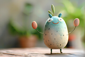 Wall Mural - happy cartoon character holding two easter eggs is celebrating easter