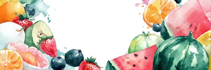 Fototapete - Vibrant Watercolor Food Illustration Featuring Fruits With Blank Space for Text and a Colorful Arrangement of Seasonal Produce Generative AI