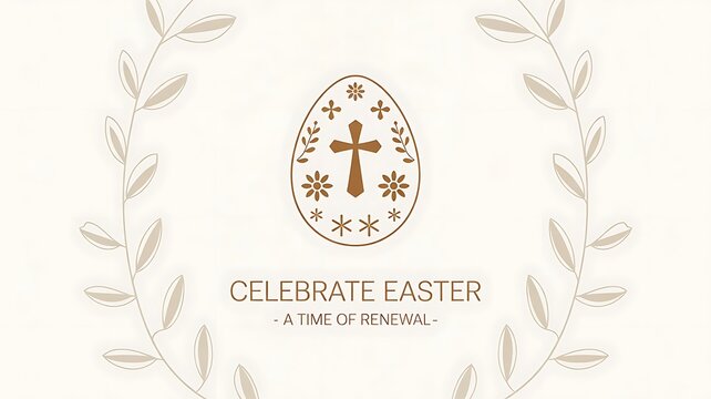 Minimal Easter Day vector – clean white background with golden Easter egg, celebrate Easter – A Time of Renewal', subtle cross and floral vines, created with generative ai