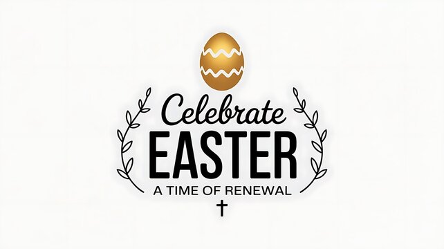 Minimal Easter Day vector – clean white background with golden Easter egg, celebrate Easter – A Time of Renewal', subtle cross and floral vines, created with generative ai