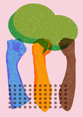 Poster - Risograph Clenched fist with speech bubble with geometric shapes. Objects in trendy riso graph print texture style design with geometry elements.