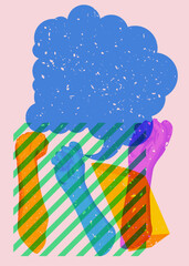 Poster - Risograph Clenched fist with speech bubble with geometric shapes. Objects in trendy riso graph print texture style design with geometry elements.