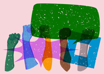 Poster - Risograph Clenched fist with speech bubble with geometric shapes. Objects in trendy riso graph print texture style design with geometry elements.