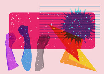 Poster - Risograph Clenched fist with speech bubble with geometric shapes. Objects in trendy riso graph print texture style design with geometry elements.