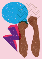 Poster - Risograph Clenched fist with speech bubble with geometric shapes. Objects in trendy riso graph print texture style design with geometry elements.