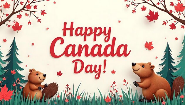 Happy Canada Day background. Red maple leaf and a beaver in a hat. Vector illustration. Celebrating Canada Day on July 1st. Banner, poster, postcard.created with generative ai